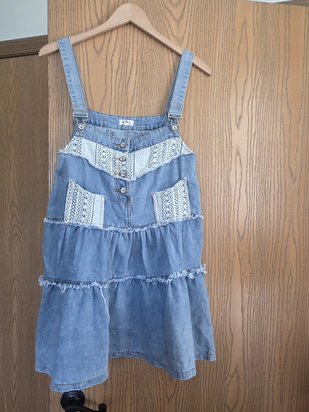 POL Boho Blue Denim Tiered Overall Dress with Crochet Panels Pinafore